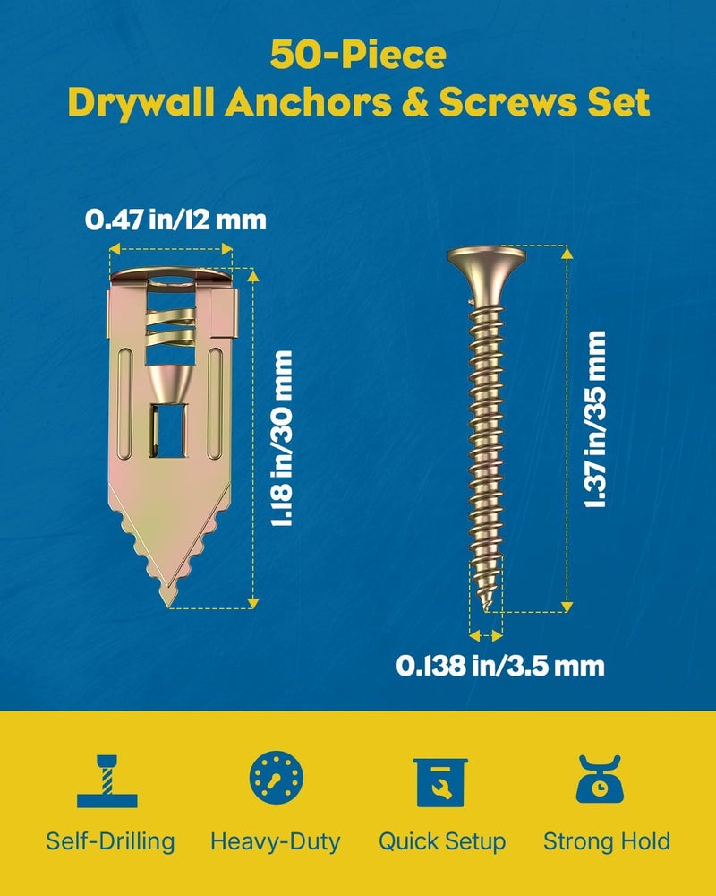 Vibit Self Drilling Drywall Anchors, Heavy Duty Wall Anchors for Drywall, Metal Dry Wall Anchors and Screws Kit, Carbon Steel Sheetrock Anchors with #6 x 1 3/8" Screws, Picture Hanging Kit, 50 Pcs - Image 2